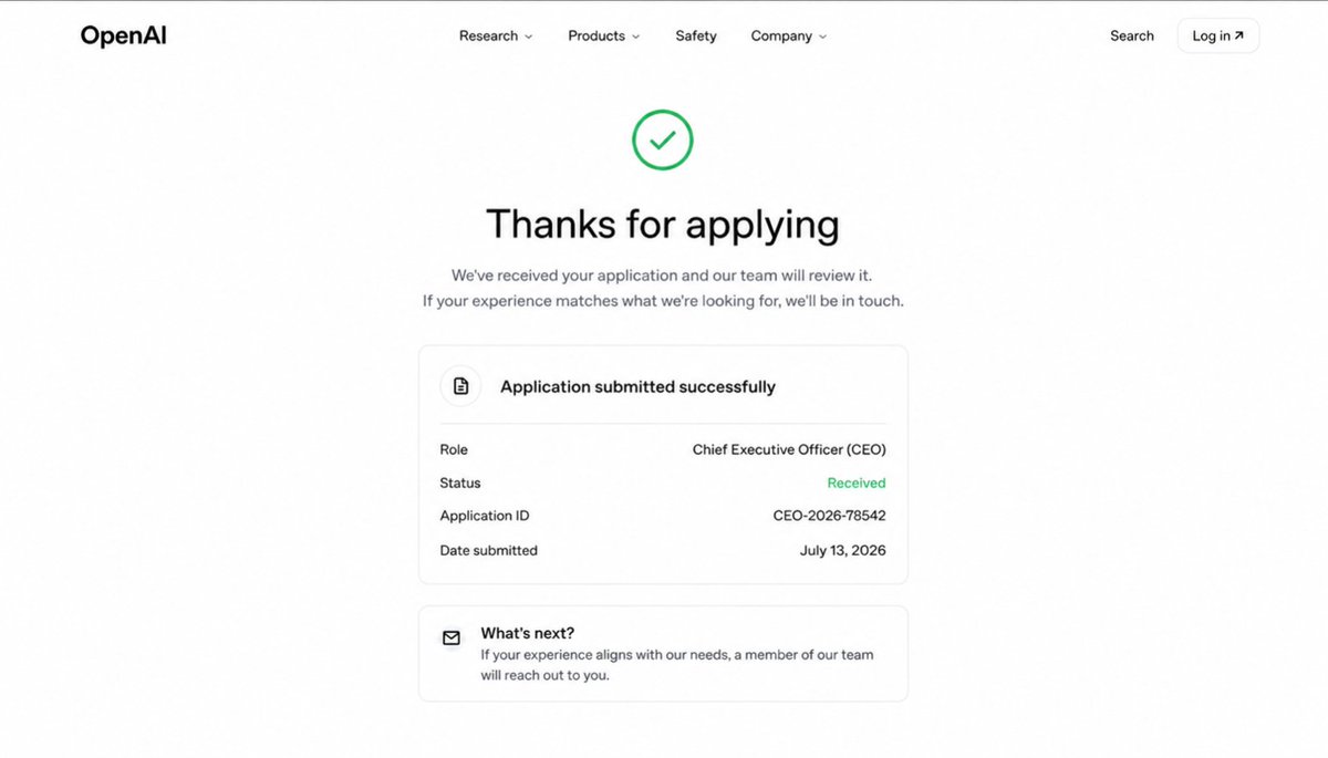 Akasheth_'s tweet photo. After getting rejected by Anthropic, I applied to be the CEO of OpenAI 

wish me luck https://t.co/eqIZjUJxu1
