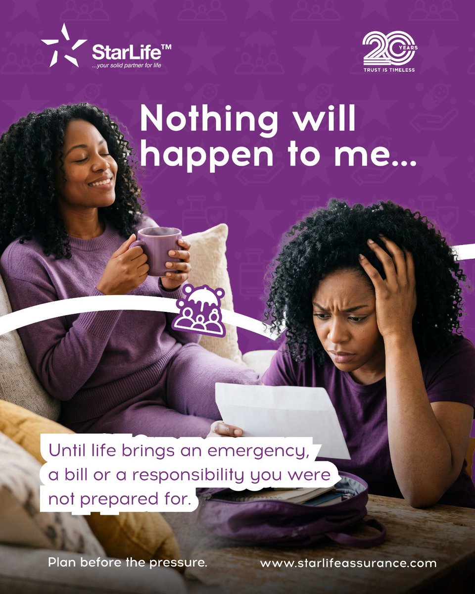 Starlifegh's tweet photo. โNothing will happen to meโ is something many of us tell ourselves.
But life is unpredictable. An unexpected expense, a family responsibility, or a sudden change in circumstances can happen when we least expect it.
#StarLife #YourSolidPartnerForLife #InsuranceMadeEasy https://t.co/0xMCh4PzlR