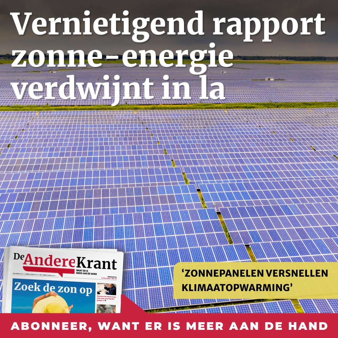 AndereKrant's tweet photo. Ongeveer 95 procent van de zonnepanelen die de afgelopen drie jaren in Nederland zijn geïnstalleerd, verdient de CO2-uitstoot van de productie en installatie niet terug binnen de levensduur. De CO2-terugverdientijd is voor die panelen waarschijnlijk meer dan 25 jaar, terwijl hun levensduur gemiddeld tussen de 12 en 15 jaar is. Dit blijkt uit een rapport van een semi-ambtelijke werkgroep — dat bij het ministerie van Economische Zaken in een la verdween, maar in handen kwam van deze krant. Het rapport concludeert dat zonnepanelen via extra CO2-uitstoot klimaatopwarming versnellen.

Lees het gratis artikel: https://t.co/sATFDwJlE7