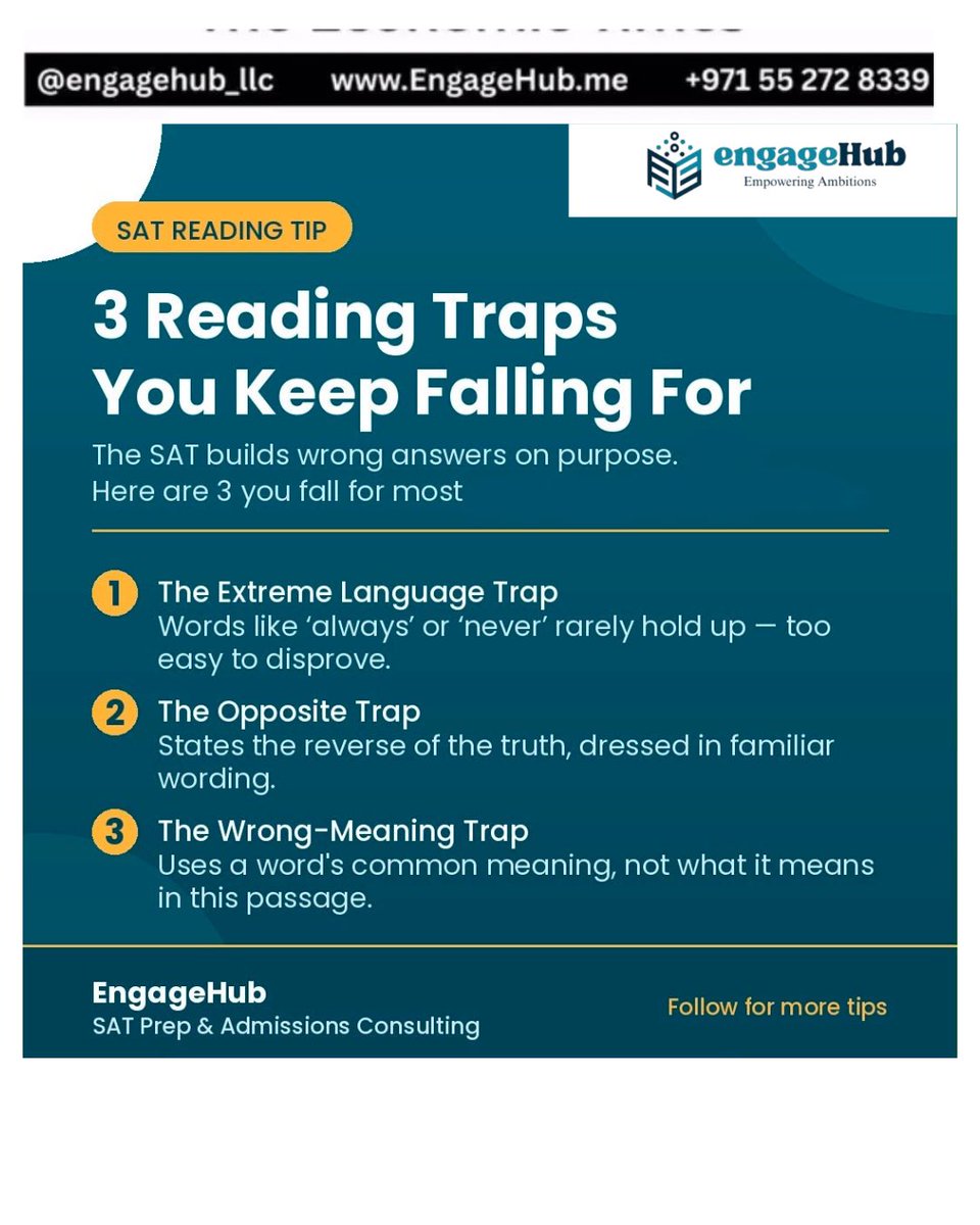 divyaverma2001's tweet photo. Stop falling for the SAT’s trick answers! 🎯

The SAT isn’t just testing what you know—it’s testing how carefully you read. Learn to spot these 3 common reading traps and avoid losing easy marks:
✅ Extreme language
✅ Opposite statements
✅ Wrong-meaning words https://t.co/teNzFosyHl