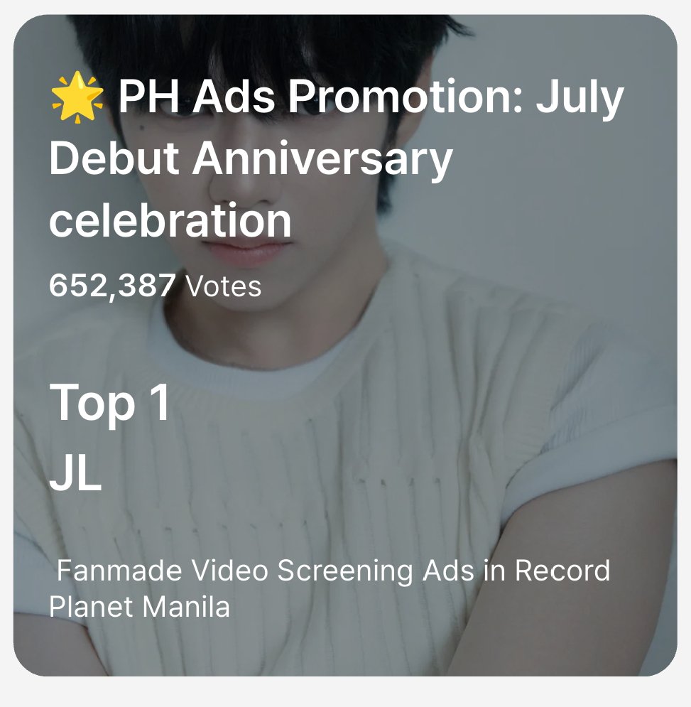 Freiannaaa's tweet photo. Jl achieved another victory by being first place for PH Ads Promotion: July Debut Anniversary celebration,  winning over 600k+ votes. Thank you to all Jl stans who voted, Congratulations Jl 🥰

#JL #제이엘
#JLGaspar 
#Shining_Star_JL https://t.co/iVTQ2SLxMJ