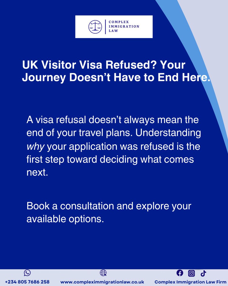 CIL_Firm's tweet photo. A visa refusal can be disappointing, but it doesn’t always mean your UK plans are over.

📩 Book a consultation with our team today and let’s help you move forward with confidence.

#ukvisa #ukvisitorvisa #visarefusal #immigrationlaw #ukimmigration https://t.co/uVobend7Hn
