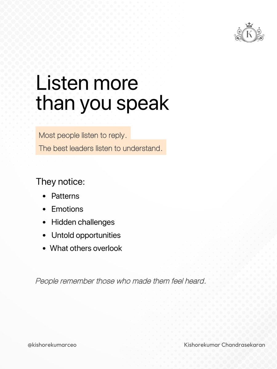 kishorekumarceo's tweet photo. The biggest opportunities come from understanding people—not selling.

Ask better.
Listen deeper.
Create value first.

Trust always beats transactions.

💬 What's one habit that helped you build stronger relationships?

#leadership #business #growth https://t.co/07GZ9BglWP