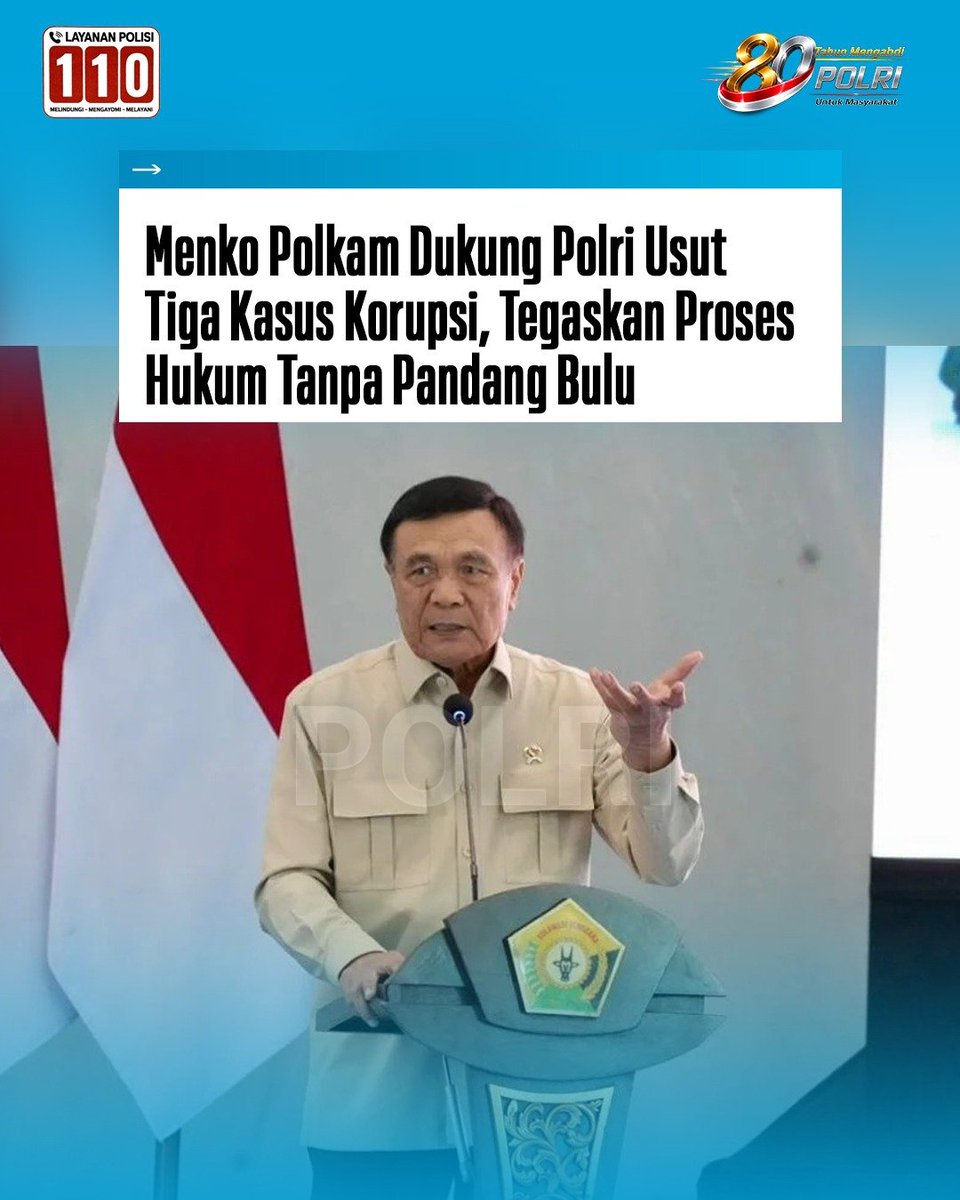 HumasSekMbt's tweet photo. Menteri Koordinator Bidang Politik dan Keamanan (Menko Polkam) Republik Indonesia Jenderal TNI (Purn.) Djamari Chaniago mendukung pengusutan tiga kasus dugaan korupsi oleh Polri secara profesional dan tanpa pandang bulu. https://t.co/xmwL1z8d5X