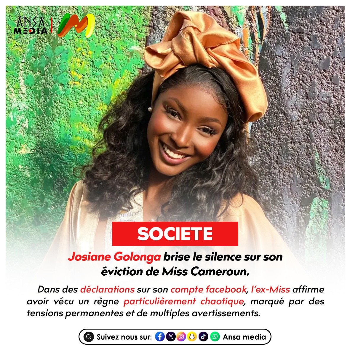 AnsaMedia237's tweet photo. Josiane Golonga brise le silence sur son éviction de Miss Cameroun.
https://t.co/oce42ZrVdN
#MissCameroun #JosianeGolonga #COMICA #People #Cameroun #AnsaMedia https://t.co/VbOhur3JvM