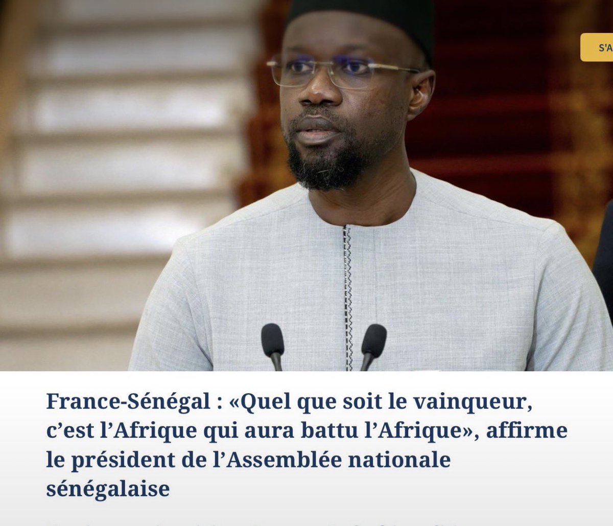 bertrandmyd's tweet photo. Francia-Senegal: “Sea cual sea el ganador, es África la que habrá vencido a África”

Es lo que dijo el actual presidente del parlamento Senegal cuando aún era vicepresidente del gobierno y no hubo todo el revuelo que estoy viendo por lo que ha dicho Rajoy.

¡Dicen la verdad! https://t.co/p4zx4kjYsL
