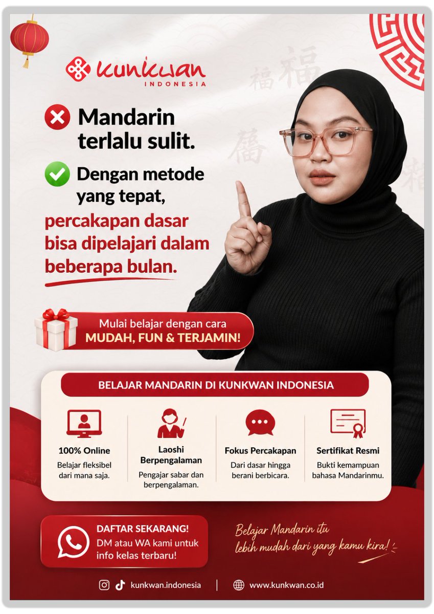 puy2997's tweet photo. Banyak yang bilang Mandarin itu susah. Padahal, yang sulit sering kali bukan bahasanya, tapi metodenya. 🇨🇳✨
Mulai dari percakapan dasar bersama Kunkwan Indonesia. #BelajarMandarin #Mandarinlearning https://t.co/rwRiDu79H3