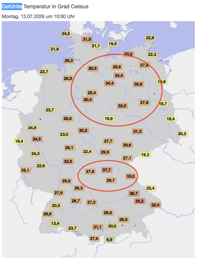 EkaterinaQuehl's tweet photo. „Hitze-Warnungen richten sich nach gefühlter Temperatur“, so der SWR.
Falls Sie sich bei 30 Grad so fühlen, als wären es 26, und sich überhaupt blendend fühlen – lassen Sie sich nicht irritieren und fühlen Sie gefälligst die "offizielle" gefühlte Temperatur, damit Sie sich dem aktuellen Alarmismus ohne Gewissensbisse hingeben können.

Aber bloß nicht beim Finanzamt das gefühlte Gehalt angeben und auch nicht mit gefühlter Geschwindigkeit fahren – das gilt nur für das Wetter.