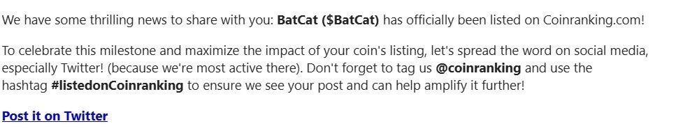 BatCatsoI's tweet photo. We got listed on @coinranking. Lets also get a 100x dex boost.

#listedonCoinRanking https://t.co/n9ltkpEpBX