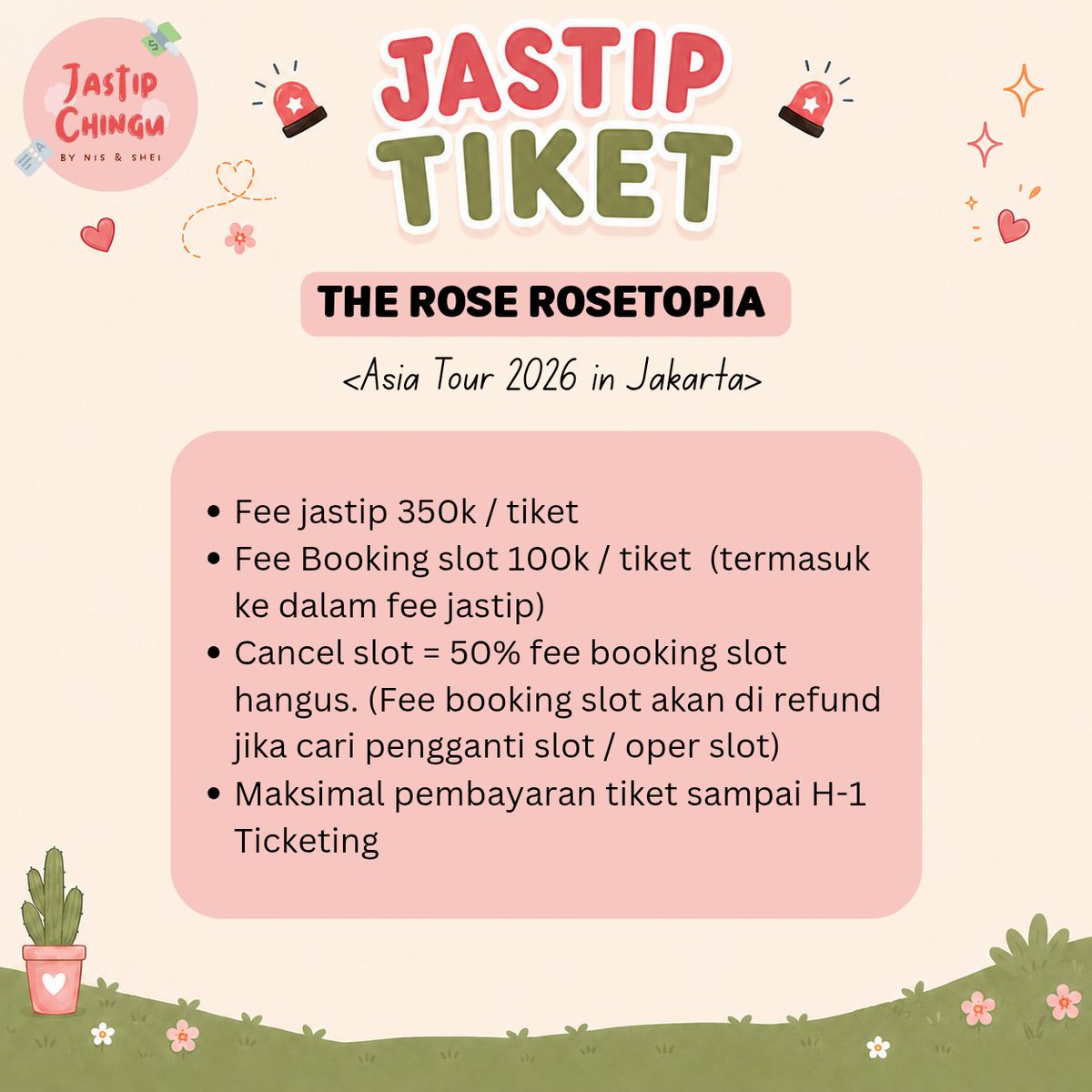jastipchingu's tweet photo. <TICKETING SERVICE / JASTIP TIKET>

OPEN JASTIP 𝐑𝐎𝐒𝐄𝐓𝐎𝐏𝐈𝐀 𝐀𝐒𝐈𝐀 𝐓𝐎𝐔𝐑 𝟐𝟎𝟐𝟔 𝐈𝐍 𝐉𝐀𝐊𝐀𝐑𝐓𝐀
📅 23 October 2026
📍 The Kasablanka

Details dan T&amp;C jastip kita boleh cek di pic yaa🤗 Jika sudah fix order, silahkan DM kami untuk isi data form jastip~ TRUSTED! https://t.co/vzqk3VpGZO