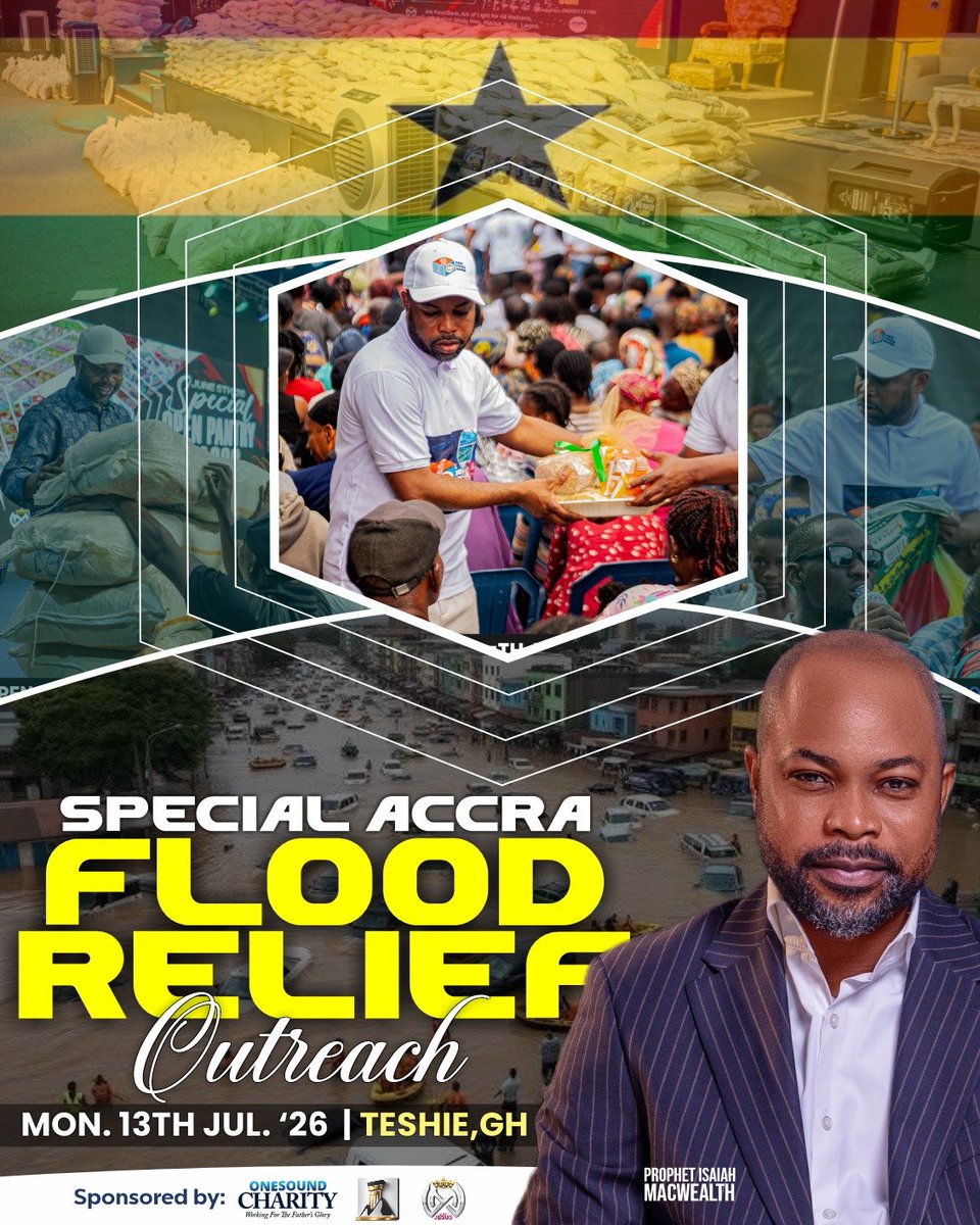 isaiahmacwealth's tweet photo. EXTENDING THE LOVING HANDS OF CHRIST TO FLOOD VICTIMS IN GHANA

The past few weeks have been deeply challenging for many families affected by the devastating floods caused by the torrential rains across parts of coastal Ghana. Like many of you, I have seen the heartbreaking images and videos of lives lost, homes destroyed, and livelihoods disrupted by this tragedy.

While we appreciate the efforts of the government and other responding agencies, I believe this is also a time for the Church to demonstrate the compassion of Christ in practical ways.

Today, together with our OneSound Charity volunteers, I will be visiting the Teshie community to extend the love of Christ, bring hope to affected families, and stand in solidarity with those going through this difficult season.

Please keep the people of Ghana in your prayers. May God bring comfort to every grieving family, restoration to every home, and hope to every heart.

#SpreadHope
#JesusReigns