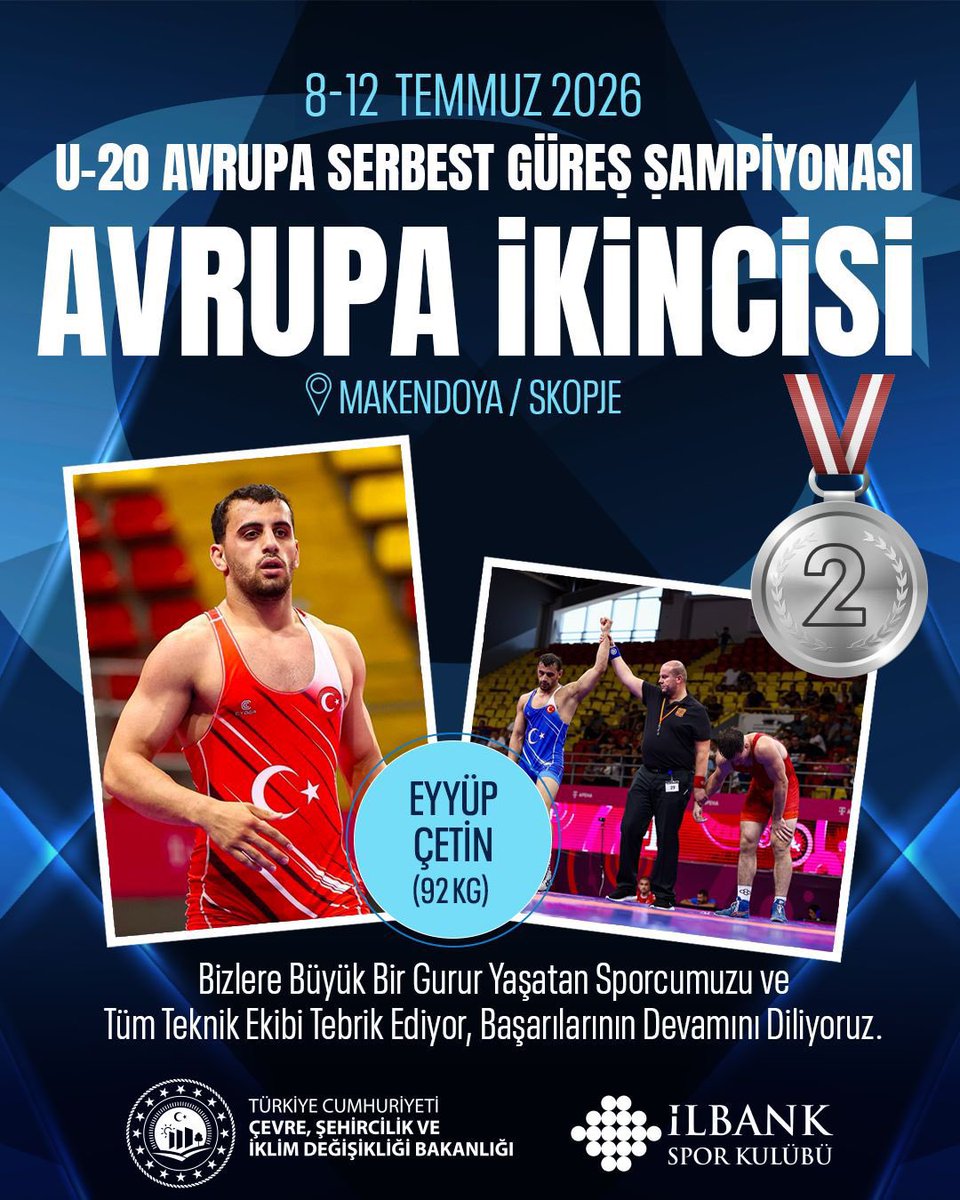 halilerdogantr's tweet photo. Üsküp’te düzenlenen U20 Avrupa Güreş Şampiyonası’nda Avrupa ikincisi olarak gümüş madalya kazanan İLBANK Spor Kulübümüzün millî sporcusu Eyyüp Çetin’i tebrik ediyorum.

Emeği geçen antrenörlerimizi ve teknik ekibimizi kutluyor, sporcumuza başarılarının devamını diliyorum. 🇹🇷 https://t.co/x7f2cWJjKs