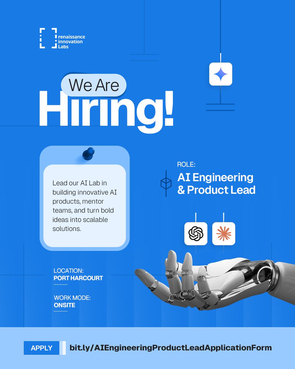 RxLabsHQ's tweet photo. Hey innovators π We are hiring π₯ AI Engineering and Product Lead β Port Harcourt, onsite π
Apply: https://t.co/LTV9u0czLs
#RILabs #Hiring #AIJobs #PortHarcourt https://t.co/UgXyMcGhJ6