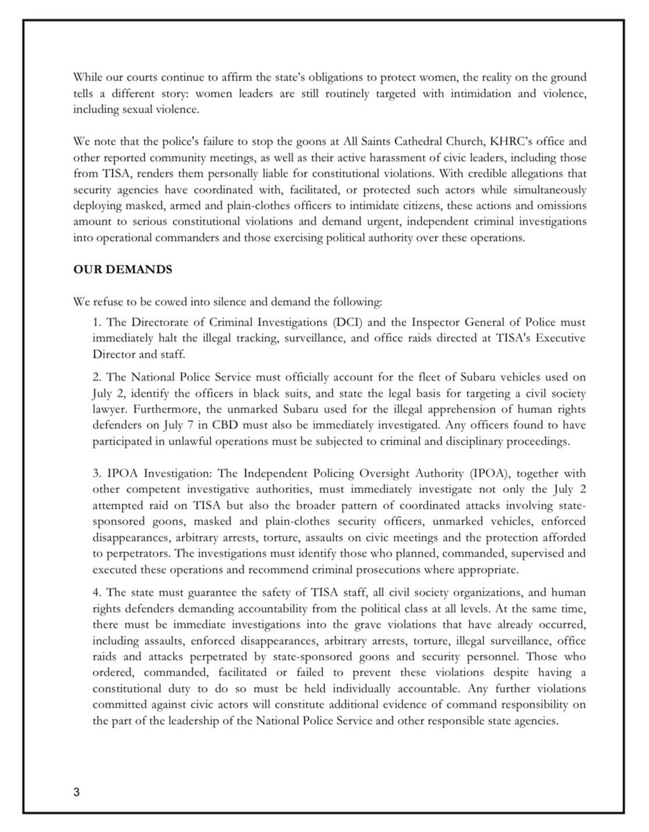 TISAKenya's tweet photo. π¨ PRESS STATEMENT ALERT
194+ organizations have stood together in solidarity.
Today, civil society organizations, human rights defenders, grassroots movements, and accountability champions issued a joint press statement condemning the escalating intimidation, surveillance, harassment, and attacks targeting Kenya's civic space.
We call on the @DCI_Kenya, @IG_NPS , @NPSOfficial_KE ,@IPOA_KE , the Departmental Committee on Administration and Internal Security of the Parliament, @InteriorKE , and all other constitutional accountability institutions to act immediately, investigate these incidents, and hold those responsible to account.
An attack on one civic actor is an attack on democracy itself.
Read the full statement here
https://t.co/jsSORthr4s
#ProtectCivicSpace #StandWithTISA #OkoaUchumi #DefendDemocracy #HumanRights