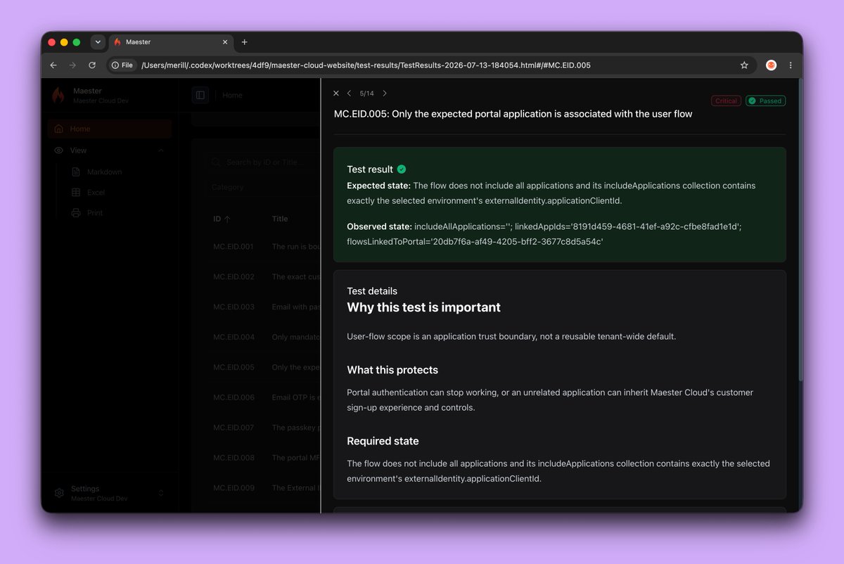 merill's tweet photo. The best time to set up security tests for your Entra tenant is when you create it

The next best time is today 😉

I'm spinning up Entra External ID tenants for https://t.co/WIylWUFKGE (my SaaS solution), & every one gets Maester baked in from day one

🔥 Maester monitoring Maester Cloud. As it should be
1/3