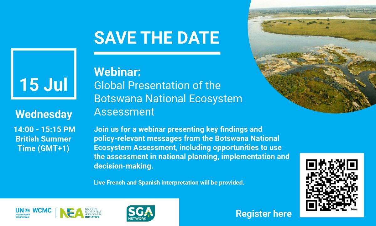 unepwcmc's tweet photo. 🌿 Join us for the global presentation of the Botswana National Ecosystem Assessment. 

📅 15 July 2026 
🕑 14:00–15:15 BST 
💬 English, with live French and Spanish interpretation 
📍 Online via Zoom 

Register here: https://t.co/oC85QFGpG9 https://t.co/VHqgsnZpHk