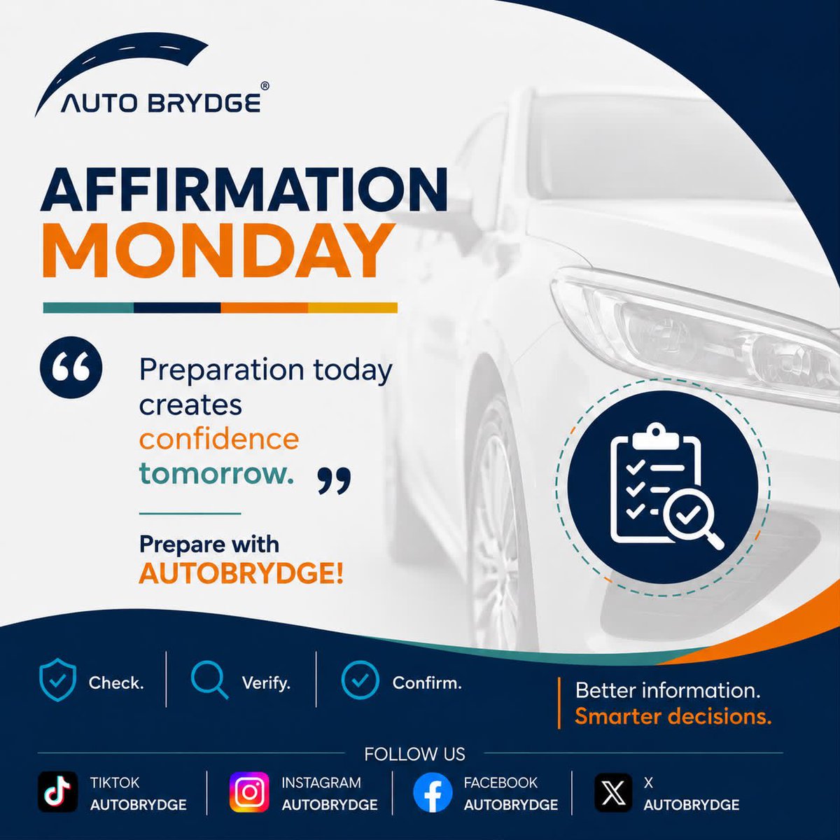 AUTOBRYDGE's tweet photo. A new week. A fresh mindset. 💙

The best decisions don't happen by chance—they happen through preparation.

✔ Check.
✔ Verify.
✔ Confirm.

Every time.

Prepare with AUTOBRYDGE. 🚗

#AUTOBRYDGE #AffirmationMonday #MondayMotivation #BuySmart #VehicleInspection #CarTips https://t.co/XiMB6eD7Ob