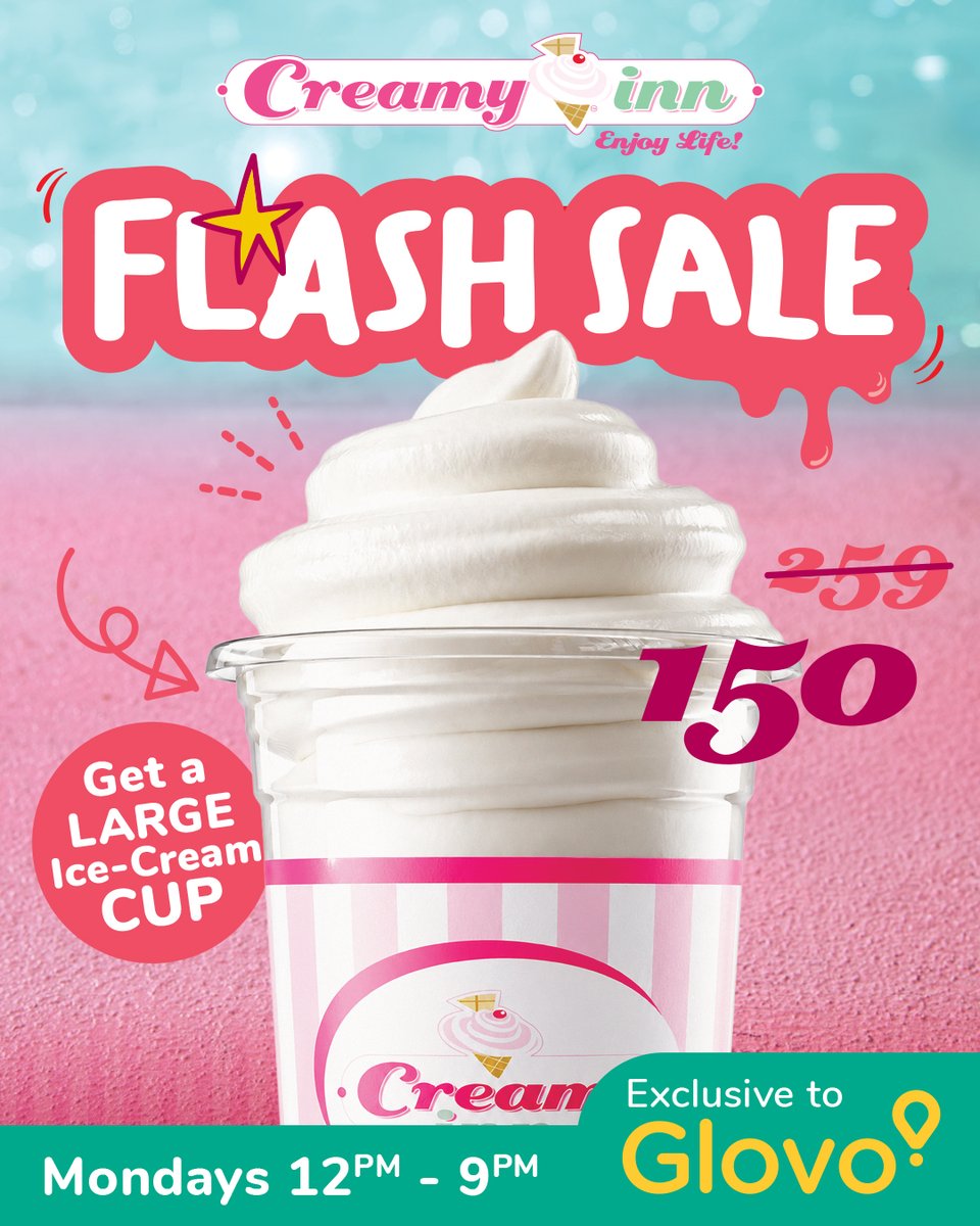 CreamyInnKenya's tweet photo. Monday's Flash Sale is LIVE!
Kick off the week with a sweet deal on Glovo!
Grab a Large Ice Cream Cup for only KSh 150!
⏰ Available today only from 12 PM – 9 PM.
Don't let this one melt away!
#FlashSaleWeek #Glovo #EnjoyLife https://t.co/ARHmYQJYRV