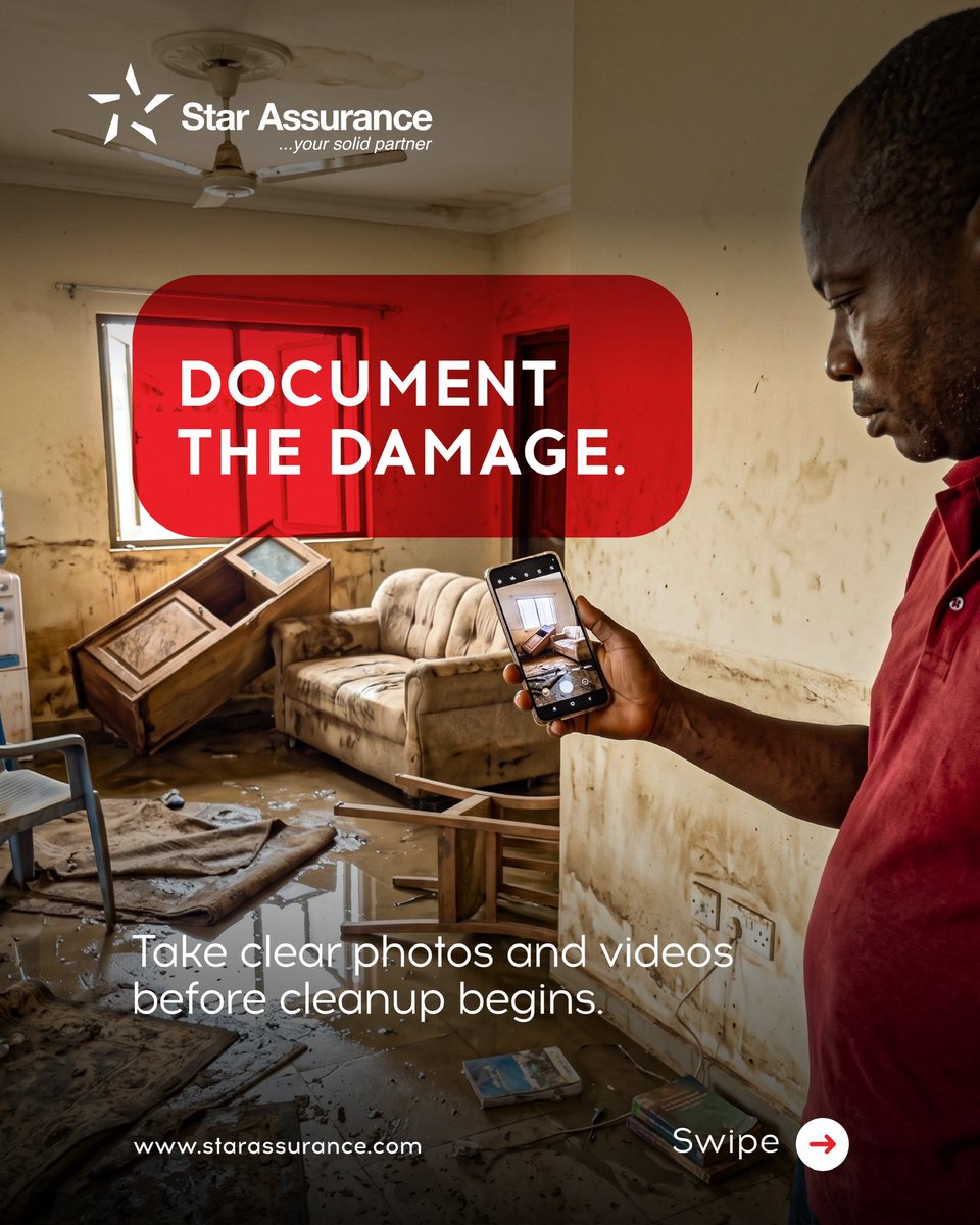 StarAssuranceGh's tweet photo. If a flood happens, here’s a step by step guide to mitigate the damage and start your claims process. 

We’re here to support you every step of the way. https://t.co/5gTt6GWDPy