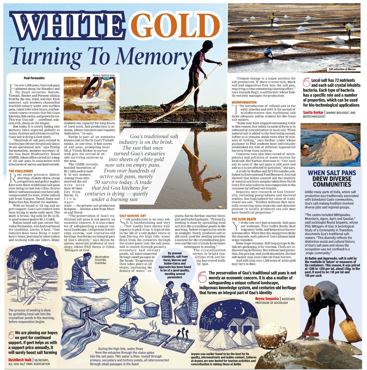 RajeshMenon70's tweet photo. For over 1,500 years, Goa’s salt pans glittered along the Mandovi and the Zuari estuaries. Salcete, Tiswadi, Bardez and Pernem talukas lived by the sun, wind, and tide. Each summer, salt workers channelled brackish estuary water into earthen pans, raked it for a few hours, and harvested coarse crystals that fed Goan kitchens, fish curers, and prawn farms. This was ‘Goa salt’ — unrefined, mineral-rich, sharp on the tongue. But today, it is slowly fading into memory.
