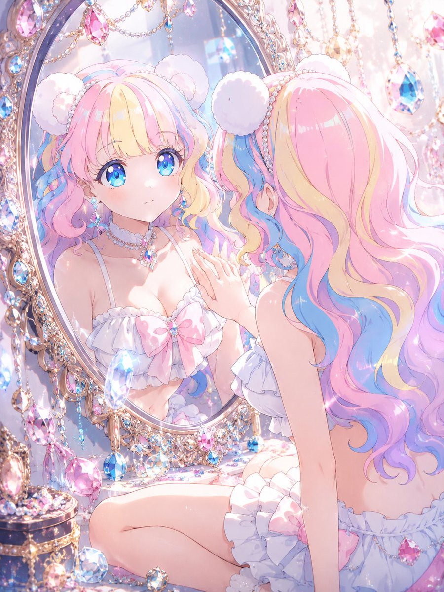 qm7ouEvgma98374's tweet photo. 動画タイトルの『Jewels are like a mirror that reflects me...（宝石は私を映す鏡のように…）』をイラスト化しました🤗

『鏡の中の私に恋してる』と似たシチュになりましたが💦
#宝石シリーズ #AIillustration #ffith_works https://t.co/lTdx01ZDaF