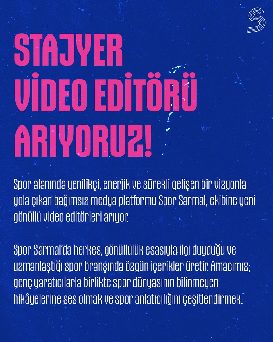 sporsarmal's tweet photo. Tasarım ekibimizi büyütüyoruz! Yeni gönüllü video editörleri arıyoruz… 💙
✉️ Bize yazın: info@sporsarmal.com https://t.co/LWY5zV0itp