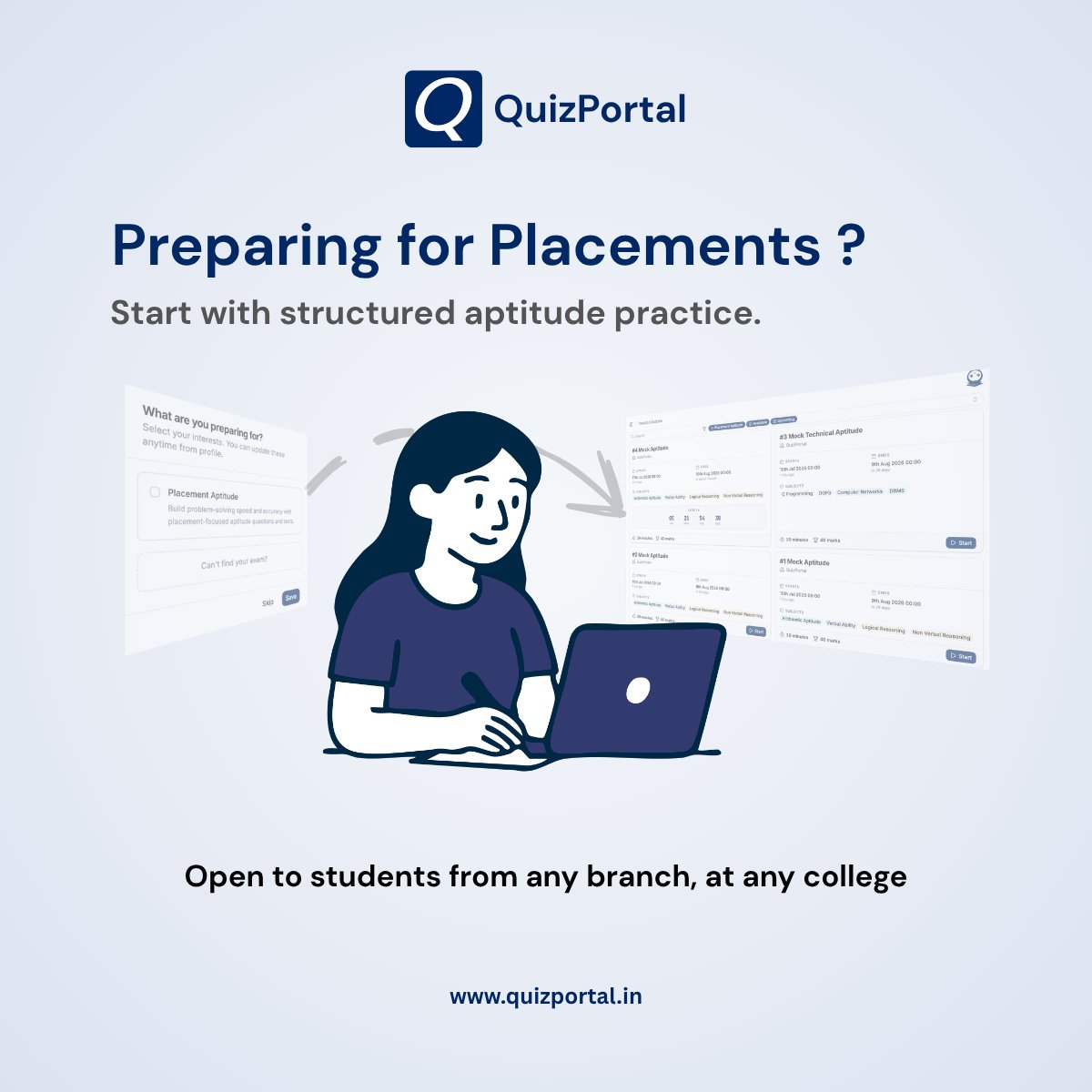 quizportalinc's tweet photo. 🚀 New on QuizPortal!

Placement Aptitude Practice is now live.

Practice topic-wise, track your progress, and prepare for campus placements.

Open to students from any branch, at any college.

https://t.co/QBGGgU5bde

#College #Aptitude #Placement #Edtech #EngineeringStudents https://t.co/nDmDOoYNLA