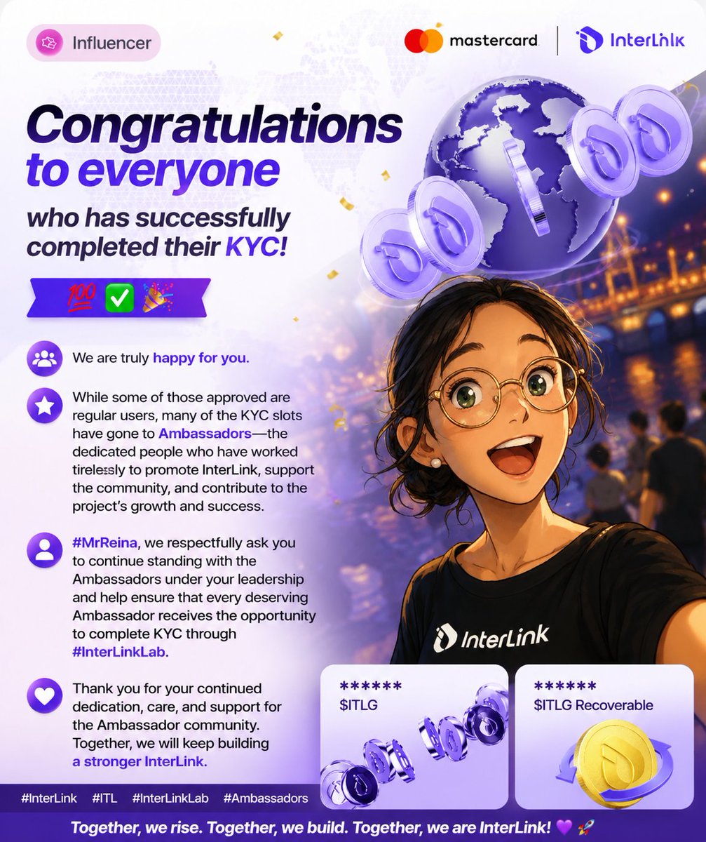 Alhajiamee21644's tweet photo. Congratulations to everyone who completed KYC! 💯✅🎉
Special thanks to our hardworking Ambassadors. 💜
#MrReina, please continue supporting deserving Ambassadors to receive KYC through #InterLinkLab. Together we build a stronger InterLink.🚀
#InterLink #ITL #Ambassadors #ITLG https://t.co/gfaVSYez08