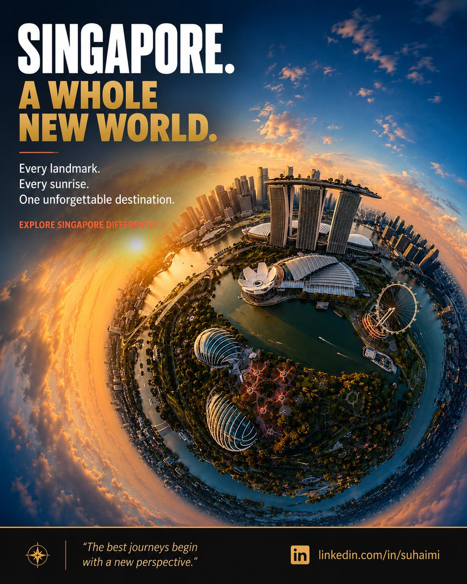 suhaimi's tweet photo. Tiny Planet of Singapore.

Not just:

“Make Singapore round.”

That would probably produce Marina Bay Sands, three random Merlions, a floating bus, and one building that clearly belongs in Dubai.

So I structured the prompt using this framework:
https://t.co/3Fg57Iwp2p https://t.co/ZYmRbWXeUB