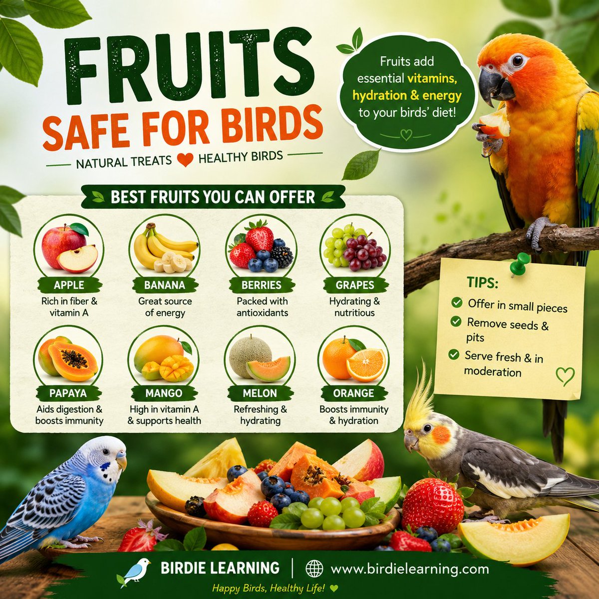 birdielearning's tweet photo. 🍓Wondering which fruits are safe for your pet bird?

Discover healthy options like apples, bananas, berries, papaya, mango, melon, and more!

📖 Read more:
 https://t.co/TQqan583ZX
#BirdieLearning #BirdCare #PetBirds #ParrotCare #BirdHealth #BirdNutrition #BirdFacts https://t.co/zDiou4WwaE