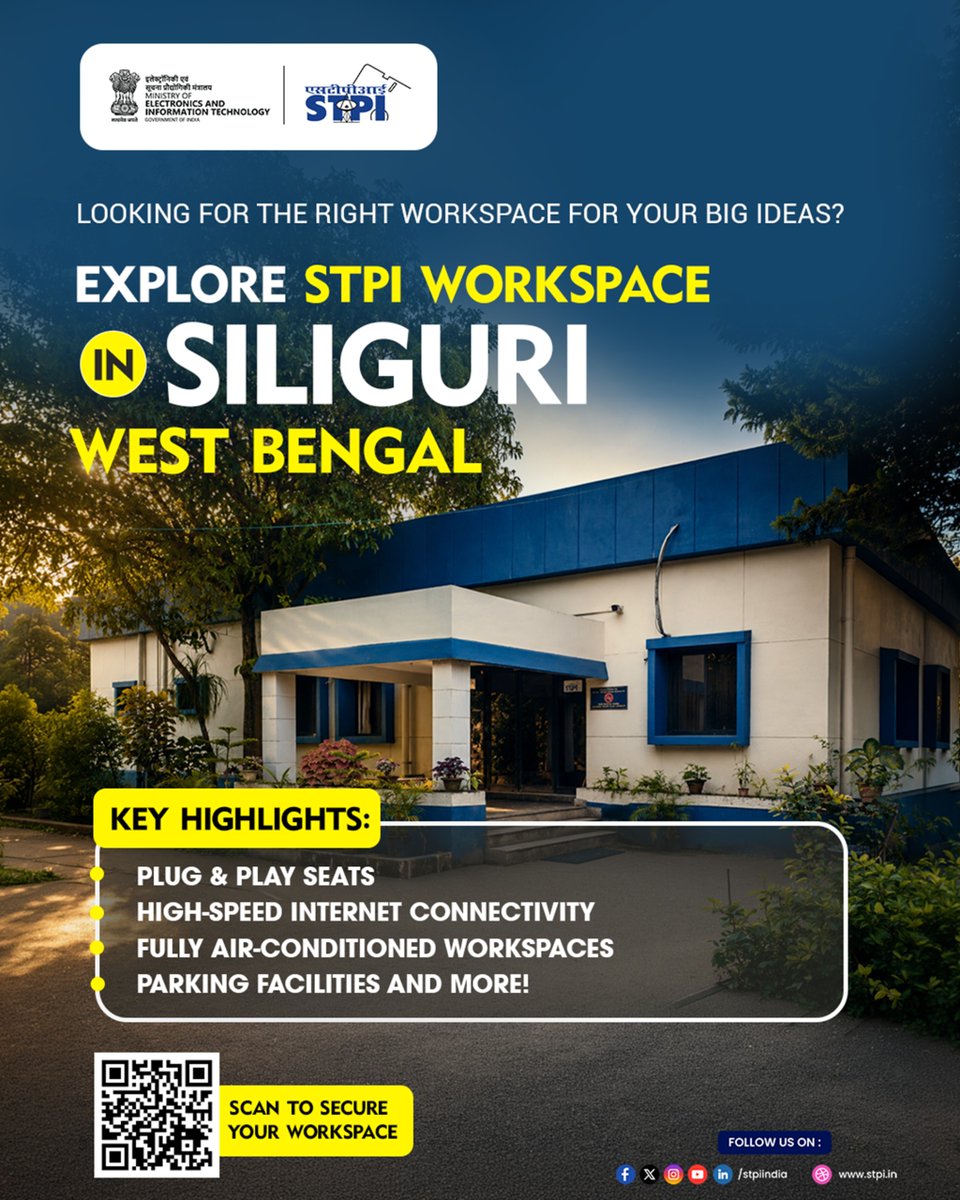 stpiindia's tweet photo. Your next business milestone could begin in Siliguri—a city that's connecting ideas, markets, and opportunities. 🌟

Discover STPI Workspace in Siliguri—a professional workspace designed to help you collaborate, innovate, and grow with ease.

What you'll get:
✔️ Plug & play seats
✔️ High-speed internet connectivity
✔️ Fully air-conditioned workspaces
✔️ Parking facilities and more!

Whether you're launching a new venture or expanding your business footprint, STPI Workspace in Siliguri offers the right environment to turn your vision into reality. 🚀

📍 Limited workspaces available in Siliguri.

➡️ Apply now: https://t.co/Lma8FwMFaN

#STPI #Siliguri #WestBengal #Workspaces #StartupIndia #OfficeSpace #Innovation #BusinessGrowth #ProfessionalSpaces #Entrepreneurship #StartupEcosystem

@GoI_MeitY @AshwiniVaishnaw @JitinPrasada @SecretaryMEITY @arvindtw @_DigitalIndia @NeGD_GoI @startupindia @myHQSpace @coworkerglobal @WeWorkIndia @NALCO_India