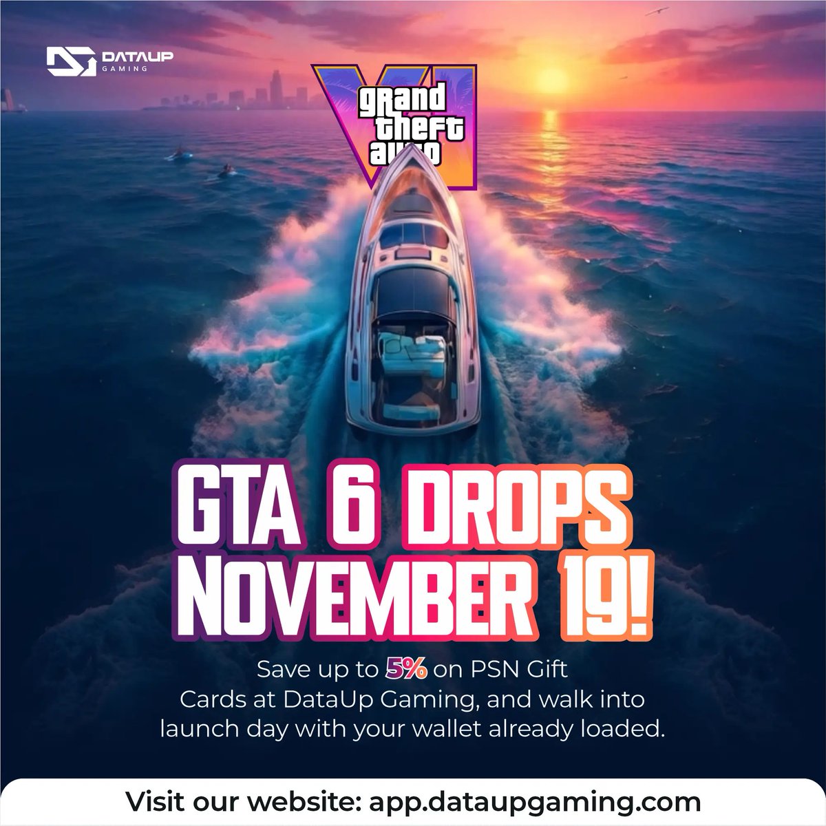 DataupGaming's tweet photo. GTA 6 is almost here — make sure your PlayStation wallet is ready. Buy PSN Gift Cards on DataUp Gaming at great rates and stay ready for launch day, add-ons, and more.

#sony #playstation5 #playstation6 #DataupGaming