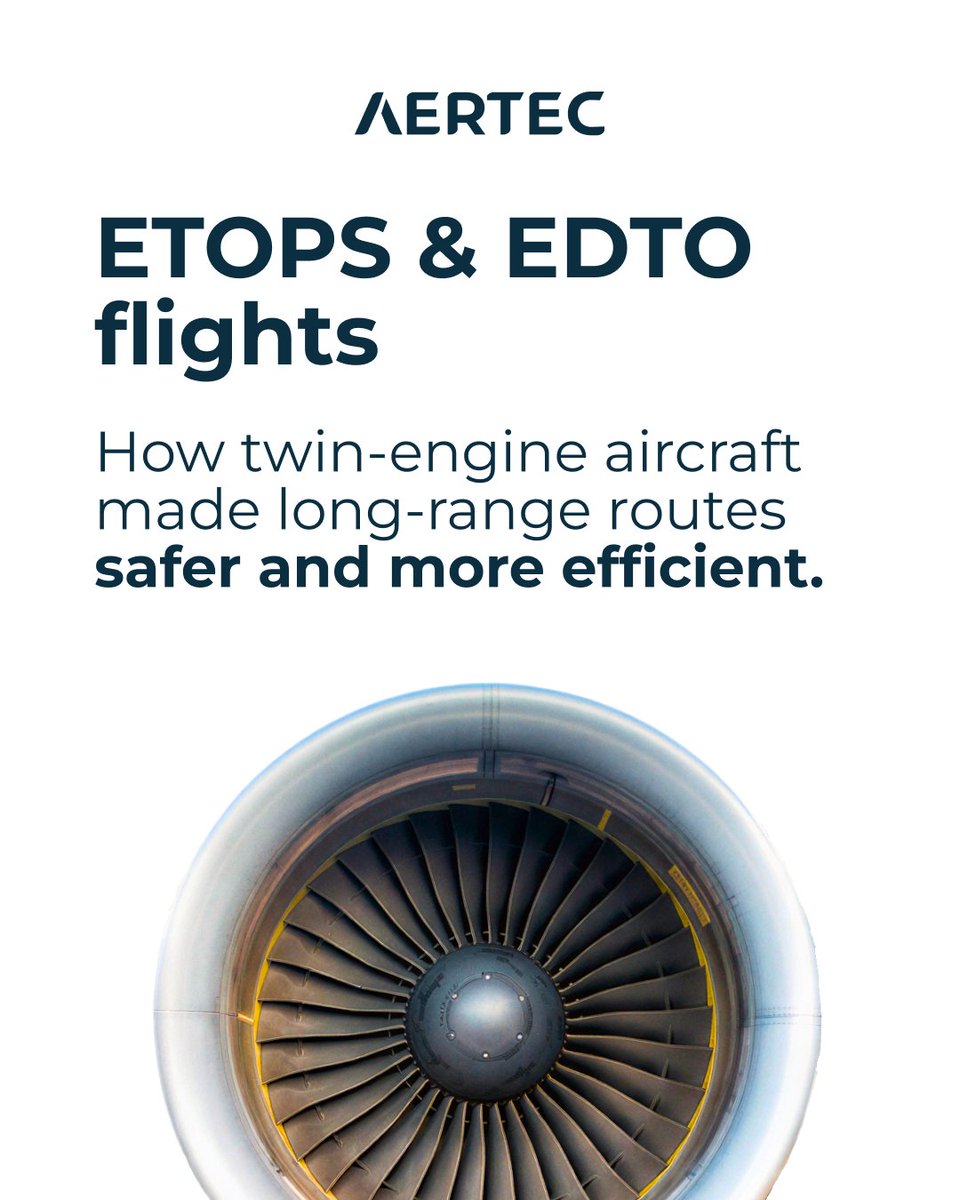 AERTEC's tweet photo. ETOPS and EDTO changed long-haul aviation, enabling safe extended-range operations with modern twin-engine aircraft thanks to higher engine reliability, onboard systems and operational procedures.

Full infographic:https://t.co/cwVGrrJGEX 

#AERTEC #TeamAERTEC #ETOPS https://t.co/rrdR418ZXC