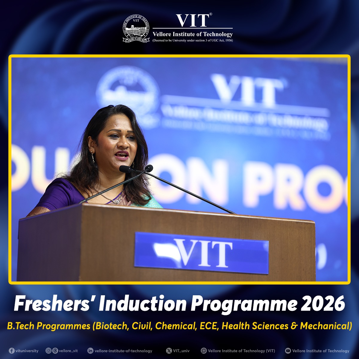 VIT_univ's tweet photo. The journey towards excellence officially began for the 2026 batch at VIT today.
#VIT #VelloreInstituteOfTechnology #VITFreshers #BatchOf2026 #BTech #Engineering #InductionProgramme #AlumniSpotlight #CampusLife https://t.co/rstivkLch4