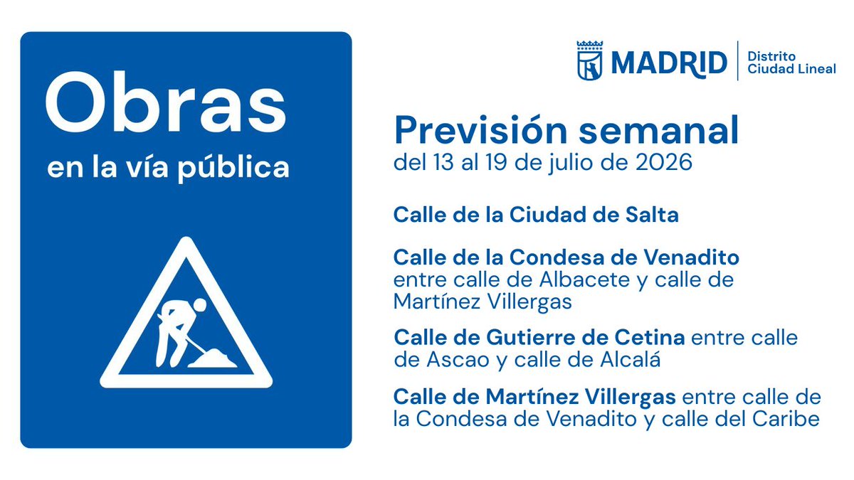 JMDCiudadLineal's tweet photo. 📍 Calles de #CiudadLineal en las que puedes encontrarte cortes y obras durante esta semana, debido a los trabajos de #conservación de aceras y #calzadas
🚧 Discupad las molestias https://t.co/9EGn96G6f4