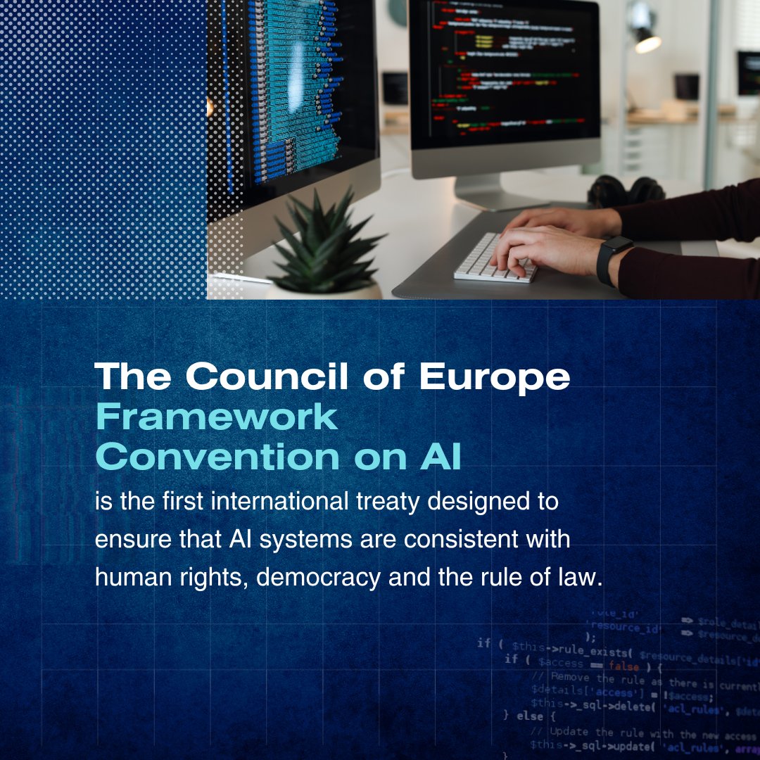 CoE_RuleofLaw's tweet photo. The @coe Framework Convention on AI offers a common legal framework to help ensure that activities within the lifecycle of AI systems remain consistent with human rights, democracy, and the rule of law⚖️. https://t.co/WqoH0D2aNI