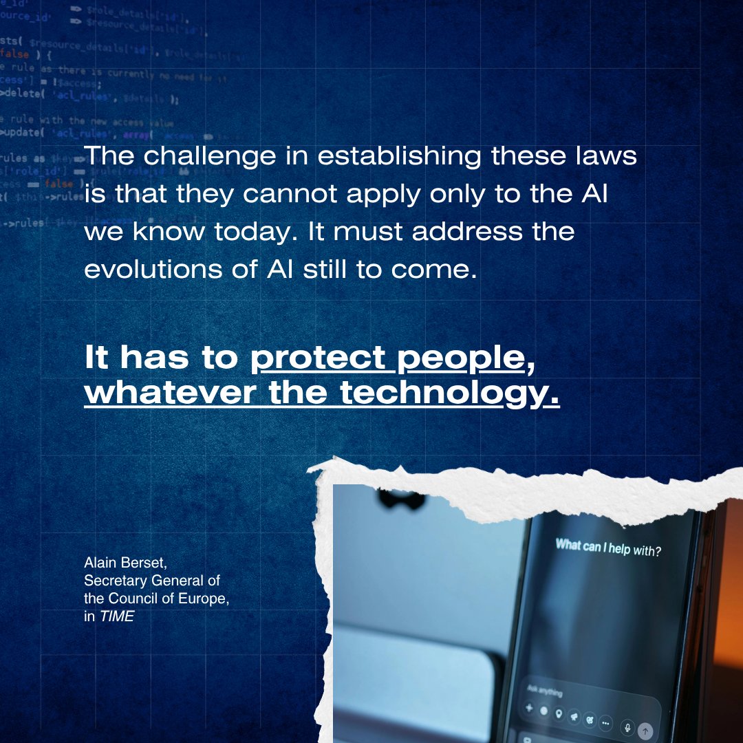 CoE_RuleofLaw's tweet photo. The rapid development of AI brings growing risks for trust, accountability, and the integrity of public debate. https://t.co/bWWM252dAX