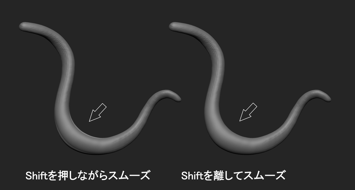 moineau_H25's tweet photo. Zbrush小ネタ 

Shiftを押しながらスムーズすると、モデルはどんどん凹んでしまいますが、ペン先をつけたままShiftを離すと、ブラシに合わせて丸くなるスムーズに切り替えることができます。 なめらかにしたいけれどモデルを凹ませたくないときに便利です。 https://t.co/oq2d1yVbv4