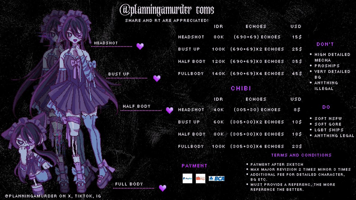 planningamurder's tweet photo. may this reach idv comunity🙏

HELLO! i opened a pixel comission! this is my first time opening a comission so please take a look!
i take idr, echoes and usd!

i really want axeboy once skin thats why i offer a special trade of idv player!
#idv #identityv #comissionopen #pixelart https://t.co/6rtooLO9XP