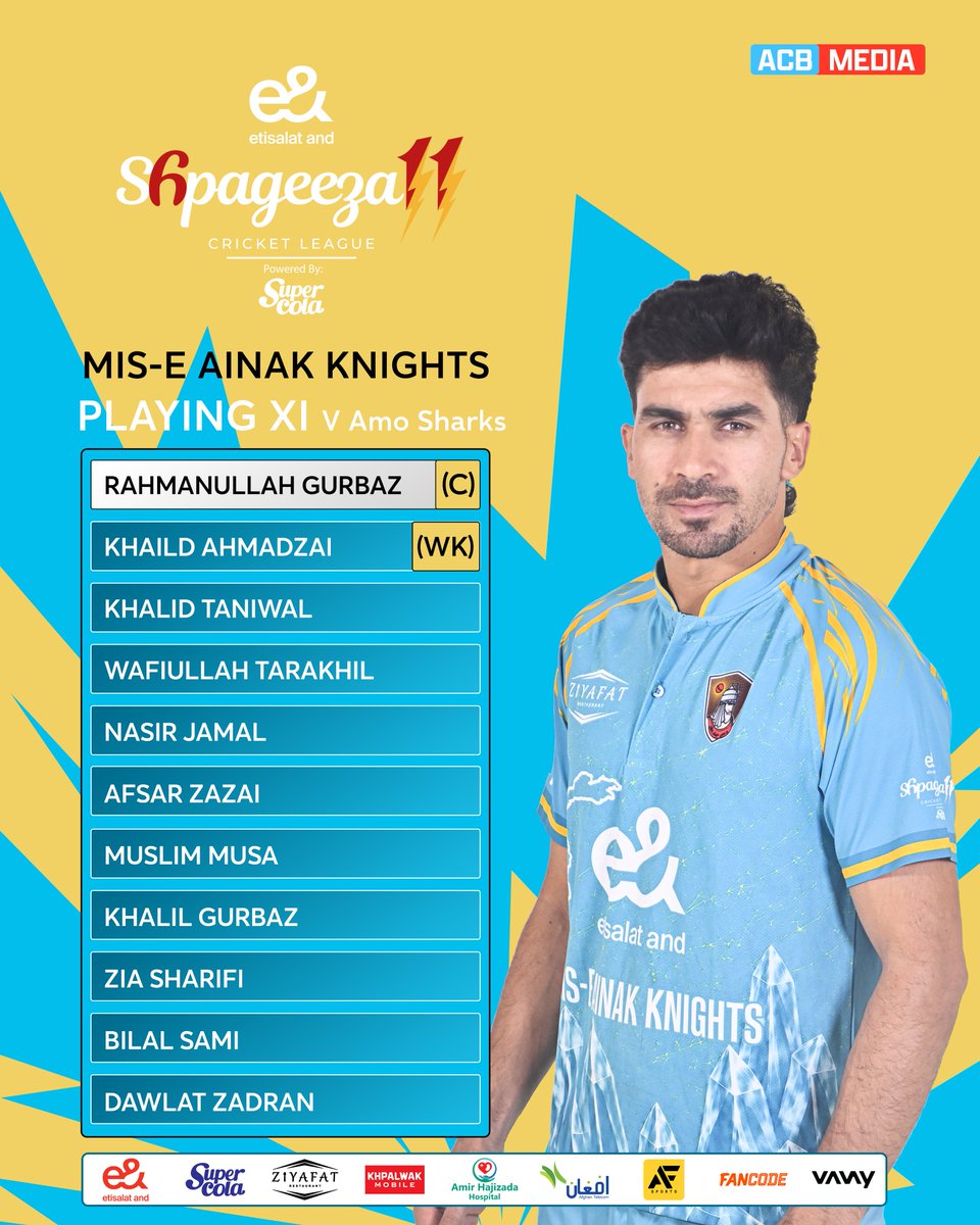 ACBofficials's tweet photo. 🚨 PLAYING XIs! 🚨

Here are the Playing XIs of the ‌Mis-e-Ainak Knights and the Amo Sharks for the 18th game of the e&amp; Shpageeza Cricket League 2026, powered by SuperCola. 📝

#Shpageeza | #SCLXI | #e&amp; – Go for More | #SuperCola – Share the Love https://t.co/eCYBVX0Jct