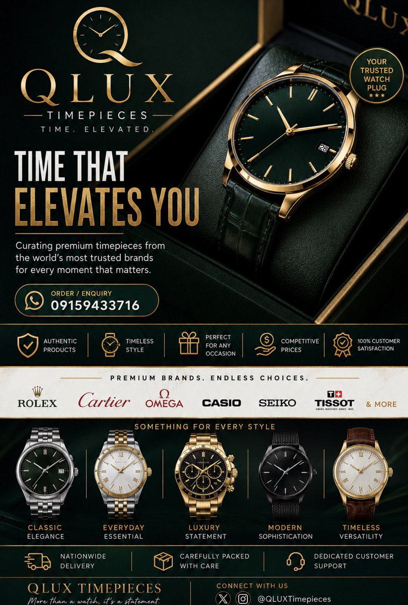 QLUXTimepieces's tweet photo. A great watch doesn’t just complete your outfit…
It completes your presence.⌚✨

Premium timepieces from trusted brands.

📦 Nationwide Delivery

💬 https://t.co/I0GrqYTTUM

#QLUXTimepieces #Watches #Rolex #Cartier https://t.co/8dXhrkd6re