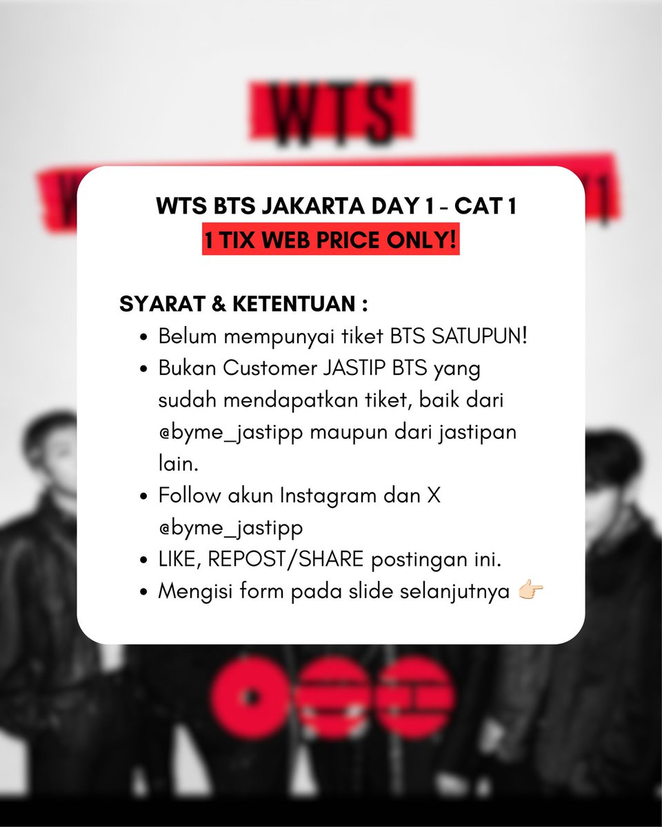 byme_jastip's tweet photo. 🥳 EDISI BIRTHDAY OWNER 🥳

💟 WTS BTS ARIRANG JAKARTA DAY 1 - CAT 1 WEVERSE PRESALES 💟

💵 1 TIX WEB PRICE ONLY (harga tertera di form)

SYARAT &amp; KETENTUAN :

https://t.co/HuLW3mbejp

Full tnc dan harga kami cantumkan di FORM yaaa silakan dibaca dan dipahami dulu. https://t.co/wa0DkIa8tf