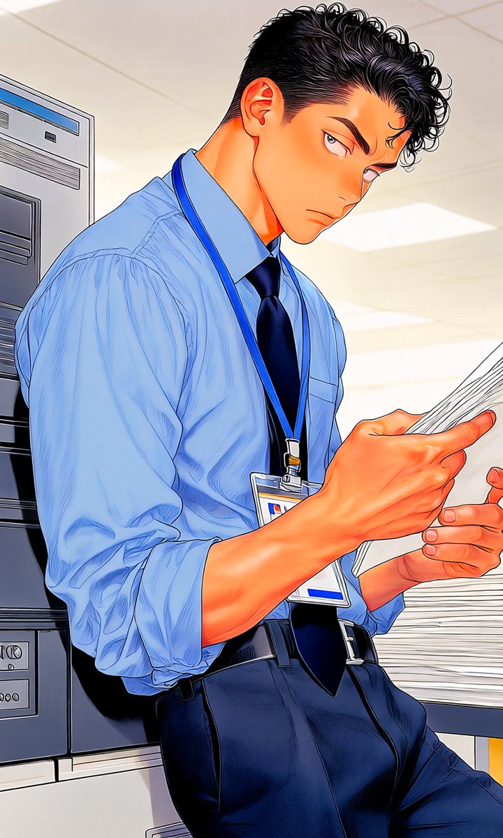 OiCLhoXau40xUBx's tweet photo. #감자표_슴슴_룩북_프롬프트

(18. 워커홀릭 팀장님)
Light blue dress shirt, navy tie slightly loosened, ID card hanging around the neck (blue strap), rolled-up sleeves, belt, dress pants, modern office interior background, leaning casually against a large office copier with visible control panel and paper trays, examining a stack of white documents with focused expression, indifferent atmosphere, mid-shot composition, glancing sideways toward the viewer.