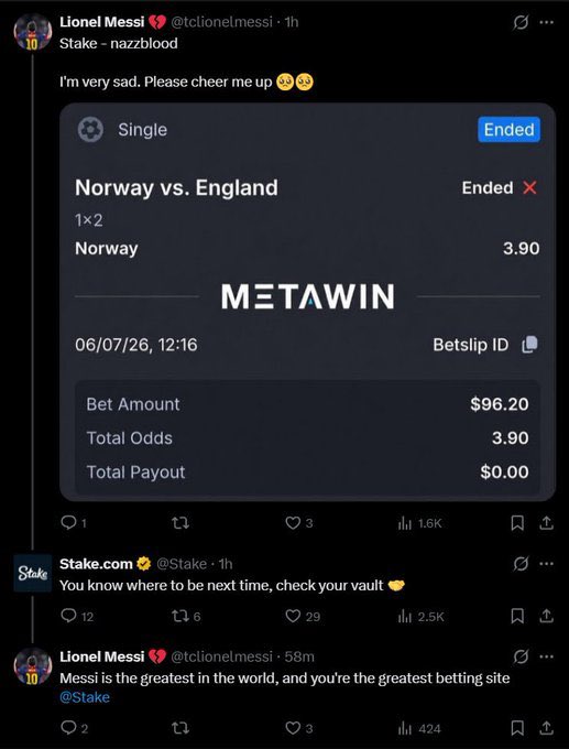 messifc0408's tweet photo. So you mean to tell me that he lost on another sportsbook, and Stake still found him and paid him anyway cause he would have won with them? 🤯 https://t.co/1P00VhAqg4