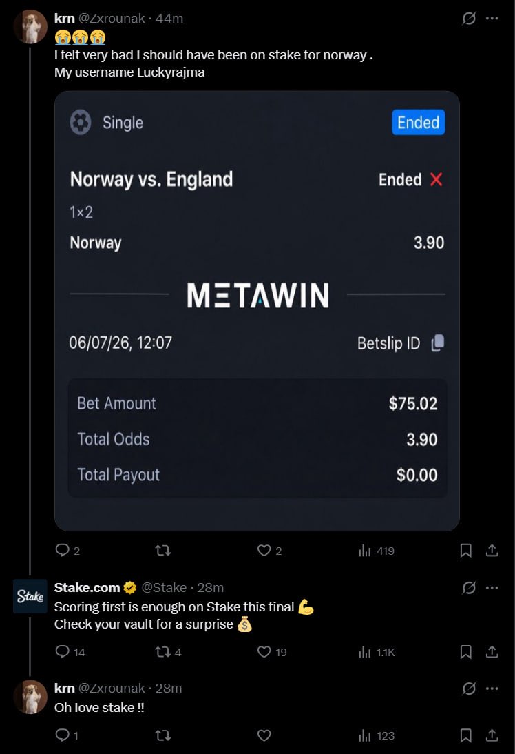 Nedu_brazil01's tweet photo. Stake really went and found people whose bets would’ve won through their promo... then paid them anyway 😭💸 https://t.co/CdCT9hLrSq