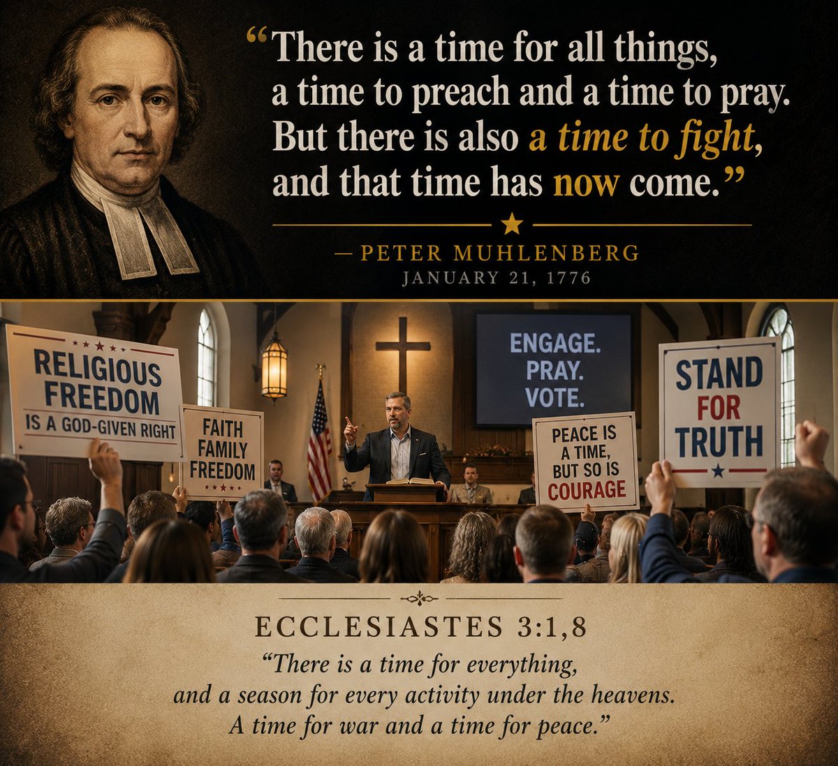 JustBert42's tweet photo. The Black Robed Regiment didn't ask permission to speak truth from the pulpit. Muhlenberg preached one Sunday and marched the next. Is your pastor carrying that same courage, or is he afraid to say anything that might cost him something? https://t.co/TR407JvttT