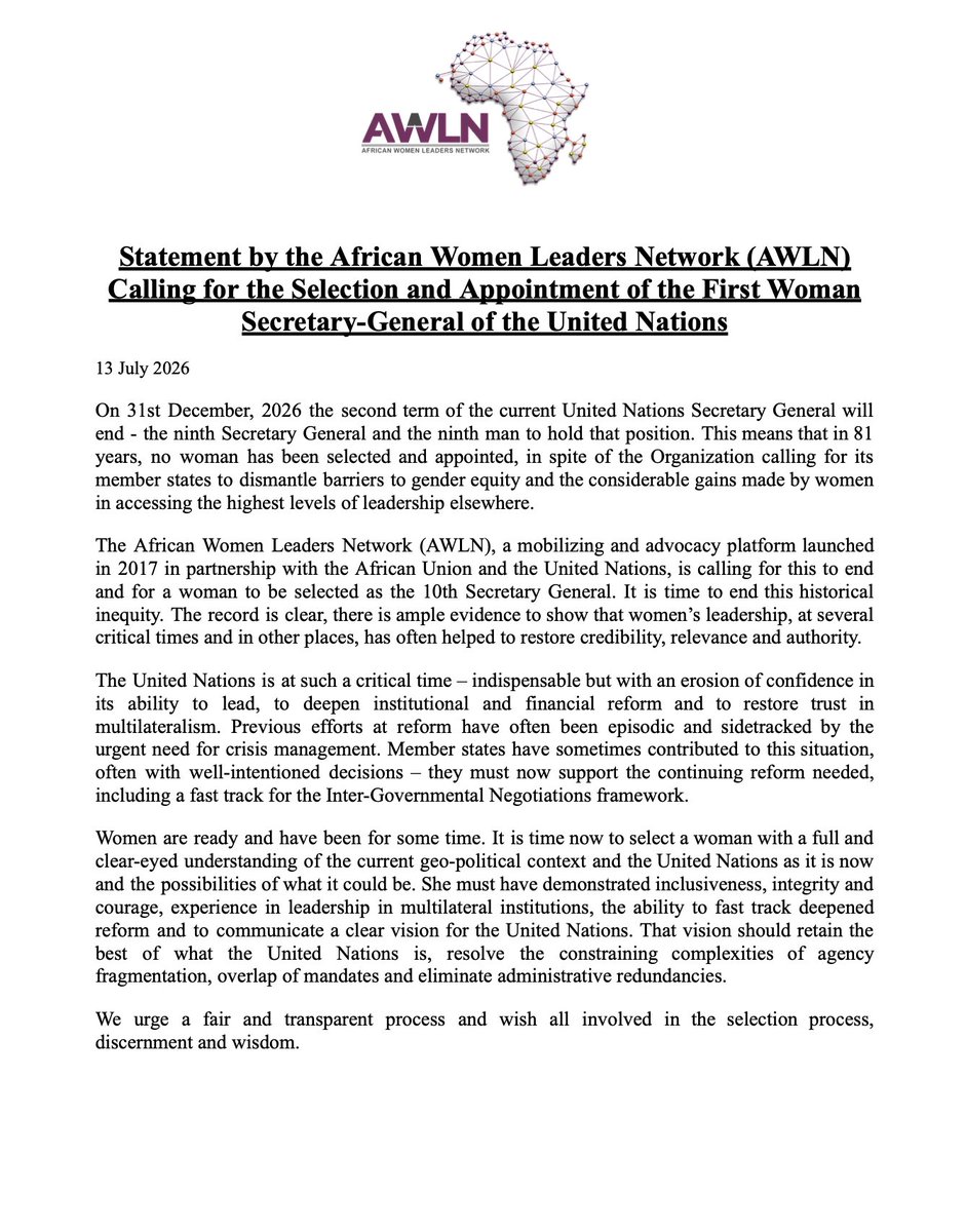 AWLNetwork's tweet photo. Statement by the African Women Leaders Network (AWLN) Calling for the Selection and Appointment of the First Woman Secretary-General of the United Nations https://t.co/DQiP9RemEx