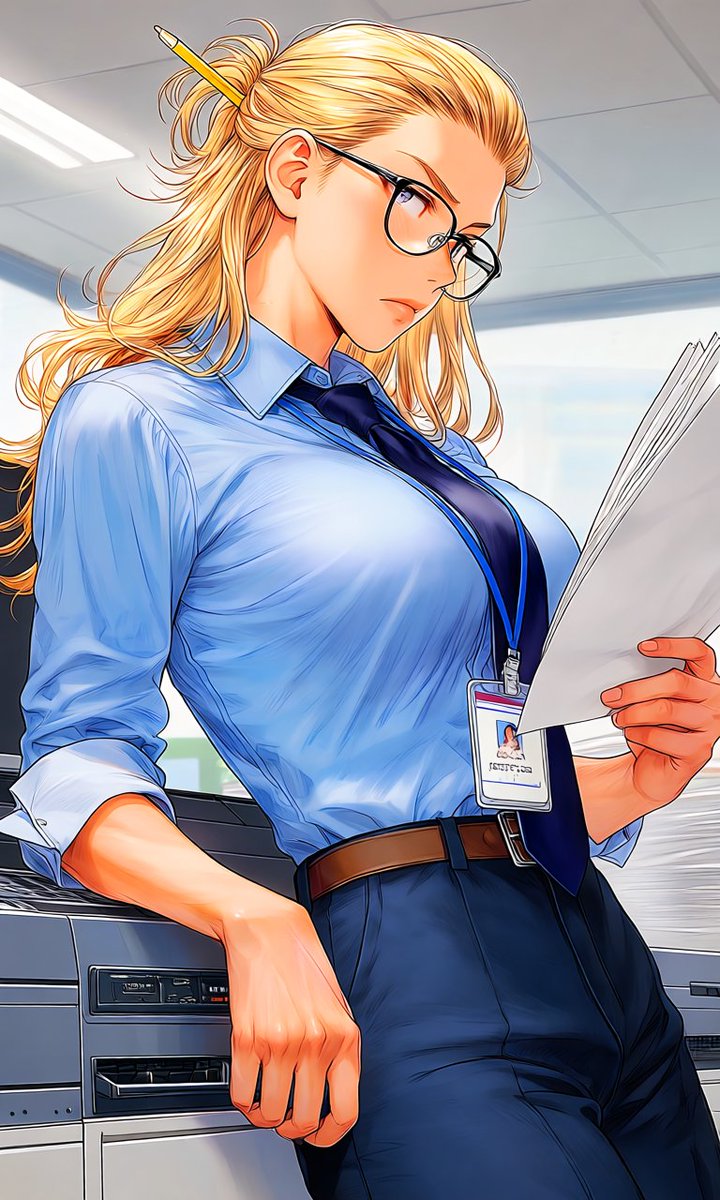 OiCLhoXau40xUBx's tweet photo. #감자표_슴슴_룩북_프롬프트

(18. 워커홀릭 팀장님)
Light blue dress shirt, navy tie slightly loosened, ID card hanging around the neck (blue strap), rolled-up sleeves, belt, dress pants, modern office interior background, leaning casually against a large office copier with visible control panel and paper trays, examining a stack of white documents with focused expression, indifferent atmosphere, mid-shot composition, glancing sideways toward the viewer.