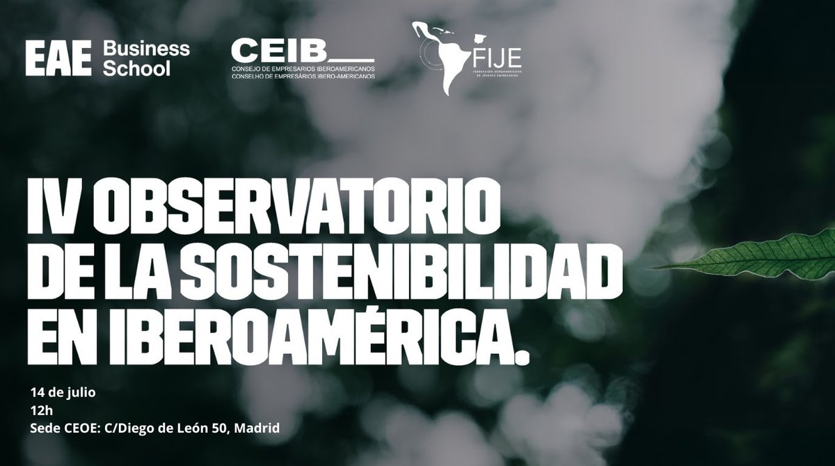 AEMEES_'s tweet photo. 🌱 Desde AEMEES os invitamos a la presentación del IV Observatorio de la Sostenibilidad en Iberoamérica.
📅 14 julio | 🕛 12:00 h | 📍 CEOE (Madrid)
Un encuentro sobre #RSC, #ESG y gobernanza empresarial. ¡Inscríbete! 👇
 https://t.co/ynSuYXKeBT https://t.co/ojy4kpEYYL
