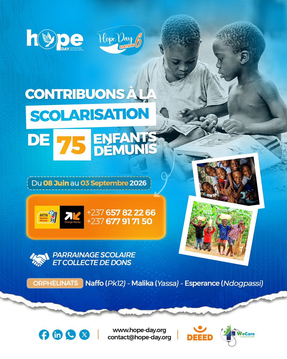 HopeDayCameroon's tweet photo. Ils sont 75 enfants issues de 03 orphelinats a avoir besoin de nous pour pouvoir aller à l’école.

Et cette fois ci, nous n’allons pas juste leur payer la scolarité, mais nous allons les accompagner pendant 5 années!

 Fais un geste, aide un enfant
Liens de contribution 👇🏾 https://t.co/aKBZSeTXIb
